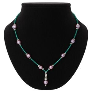 Green Purple Grey Beaded Drop Pendant Plunge Necklace